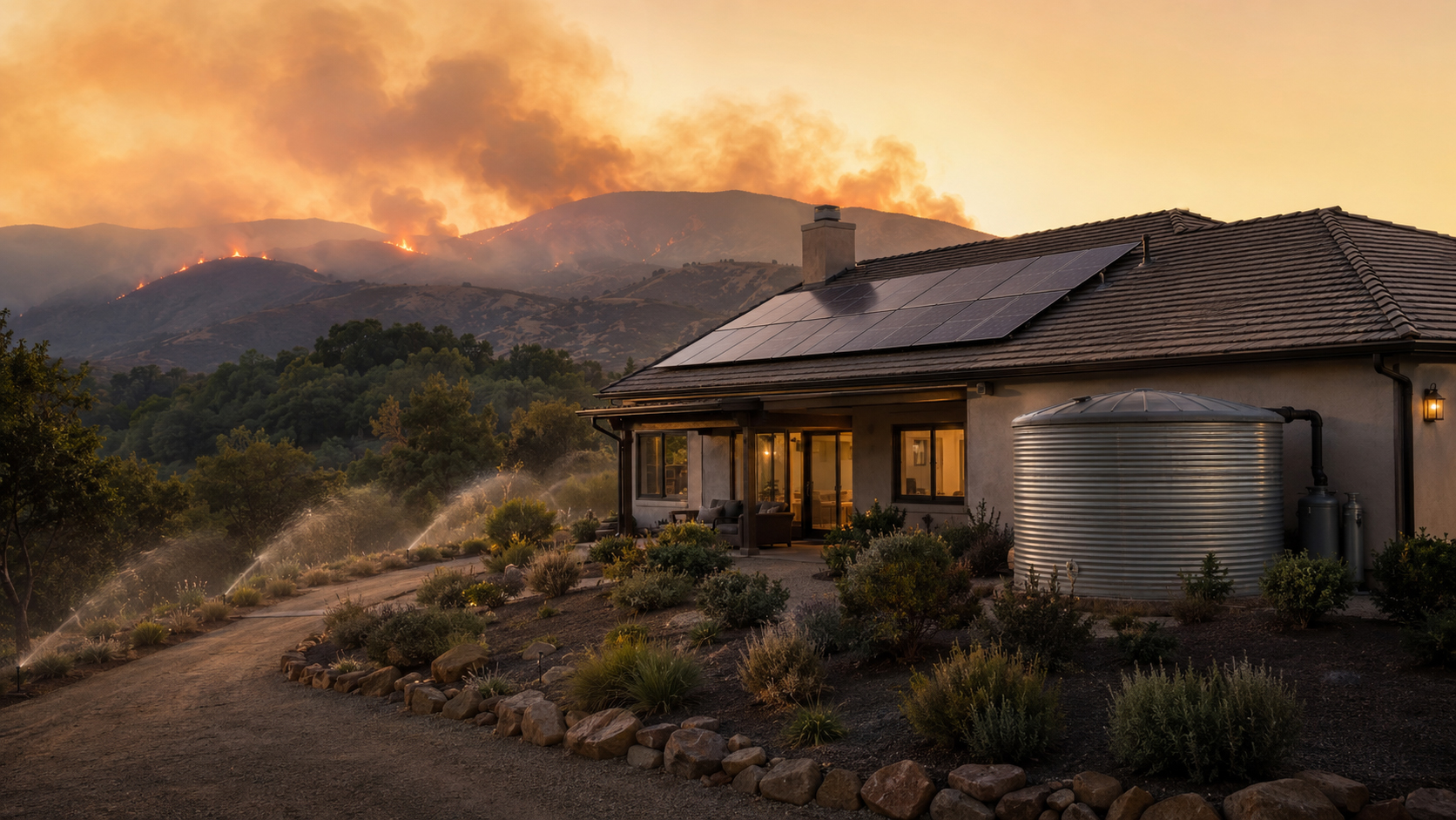 Solar-powered home with water tank and sprinkler readiness near wildfire hills