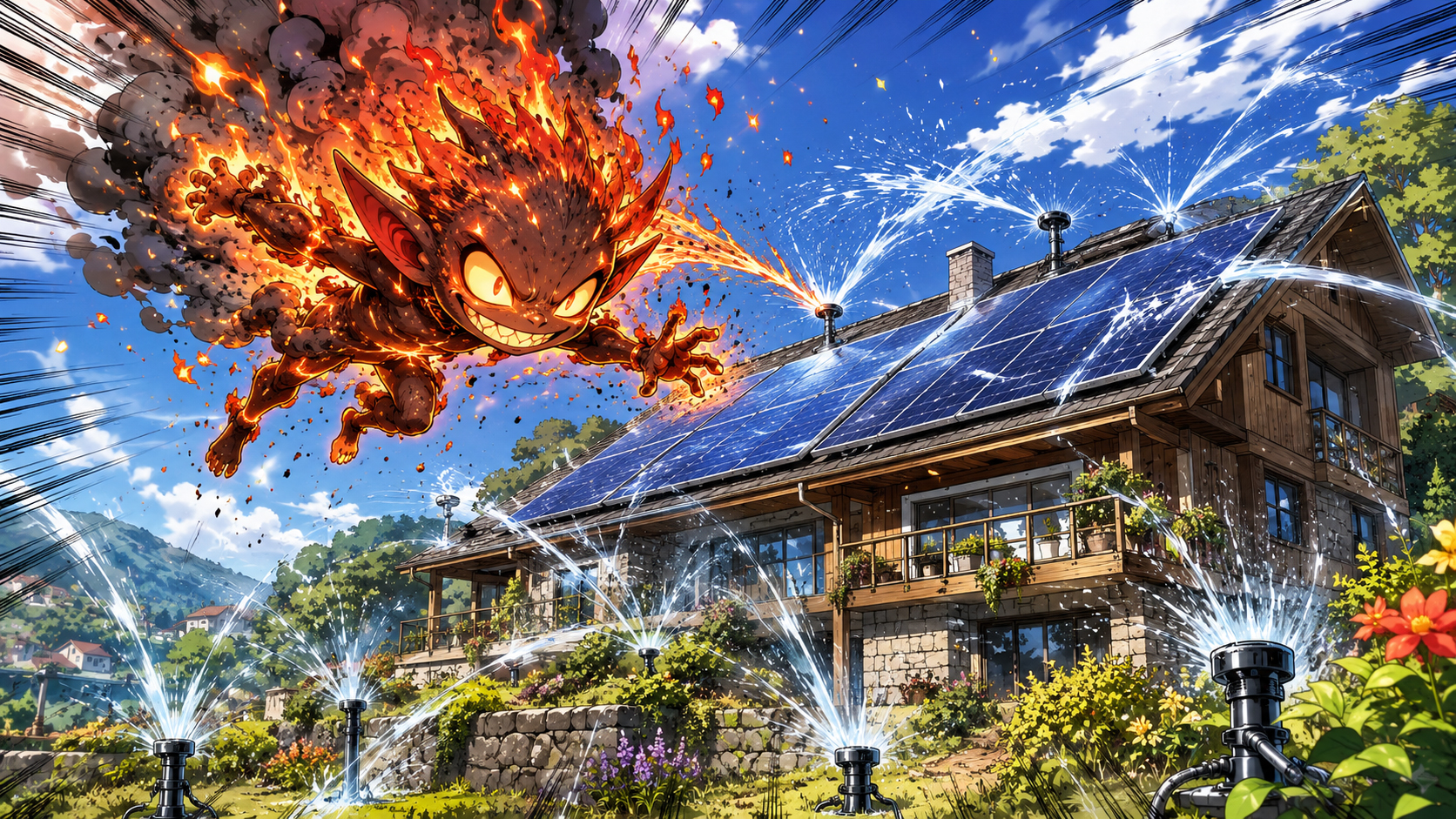 Manga ember goblin attacking a sprinkler-protected solar home