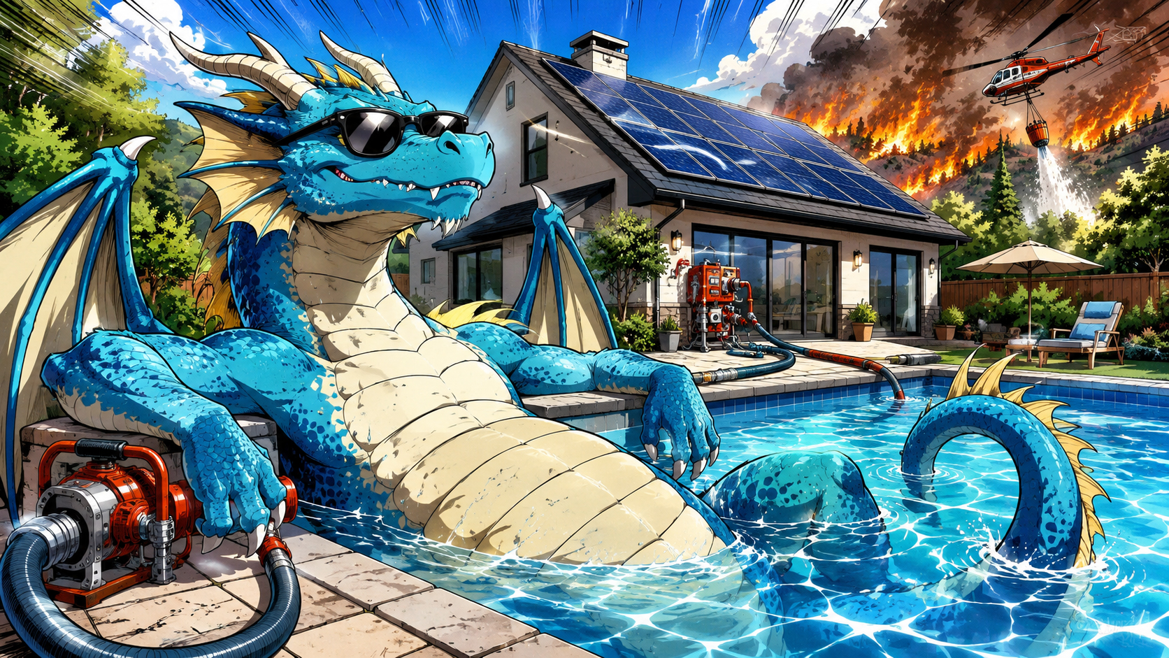 Manga pool dragon guarding backyard water reserve
