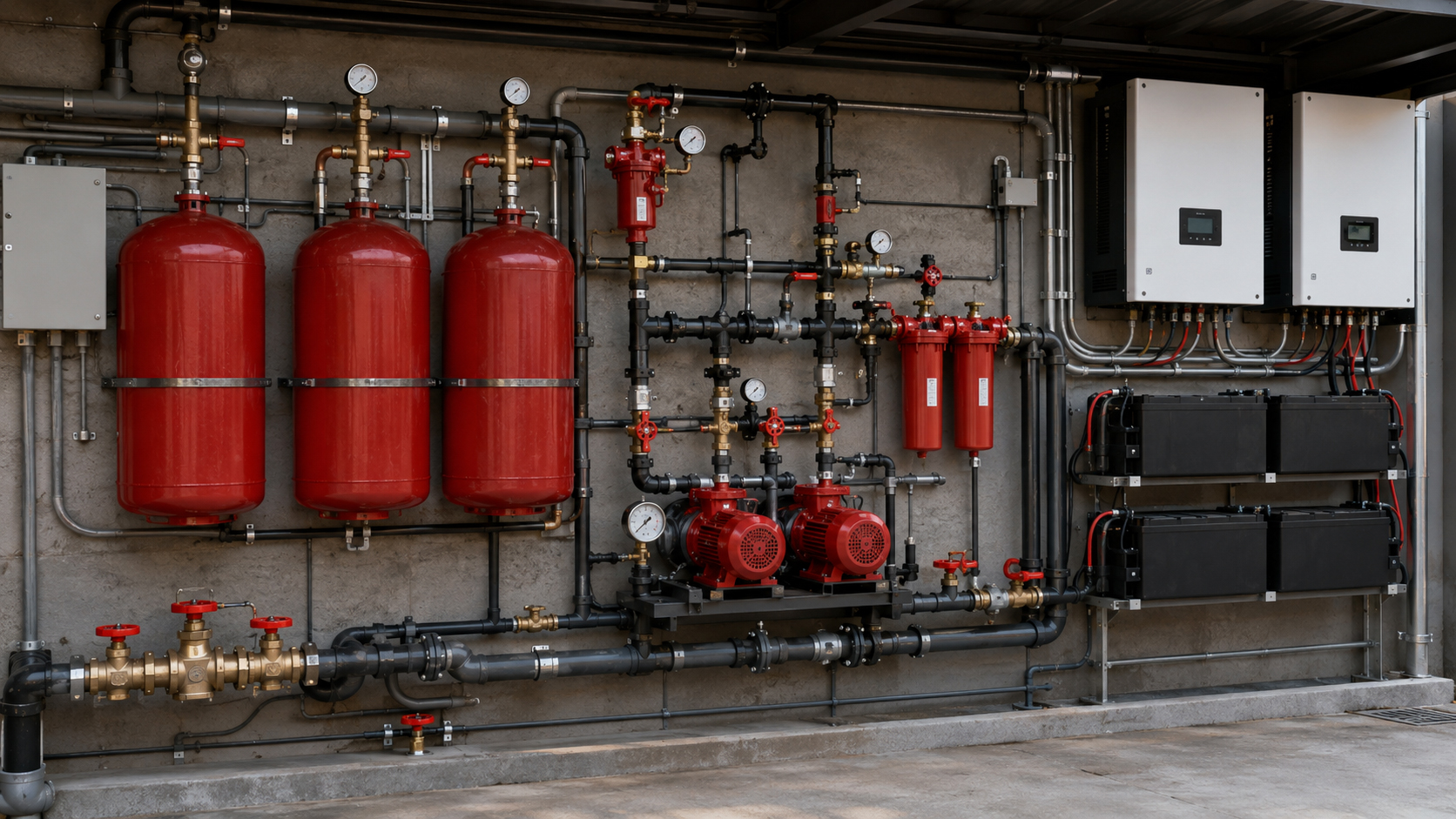 Organized pump, tank, valve, and electrical equipment wall