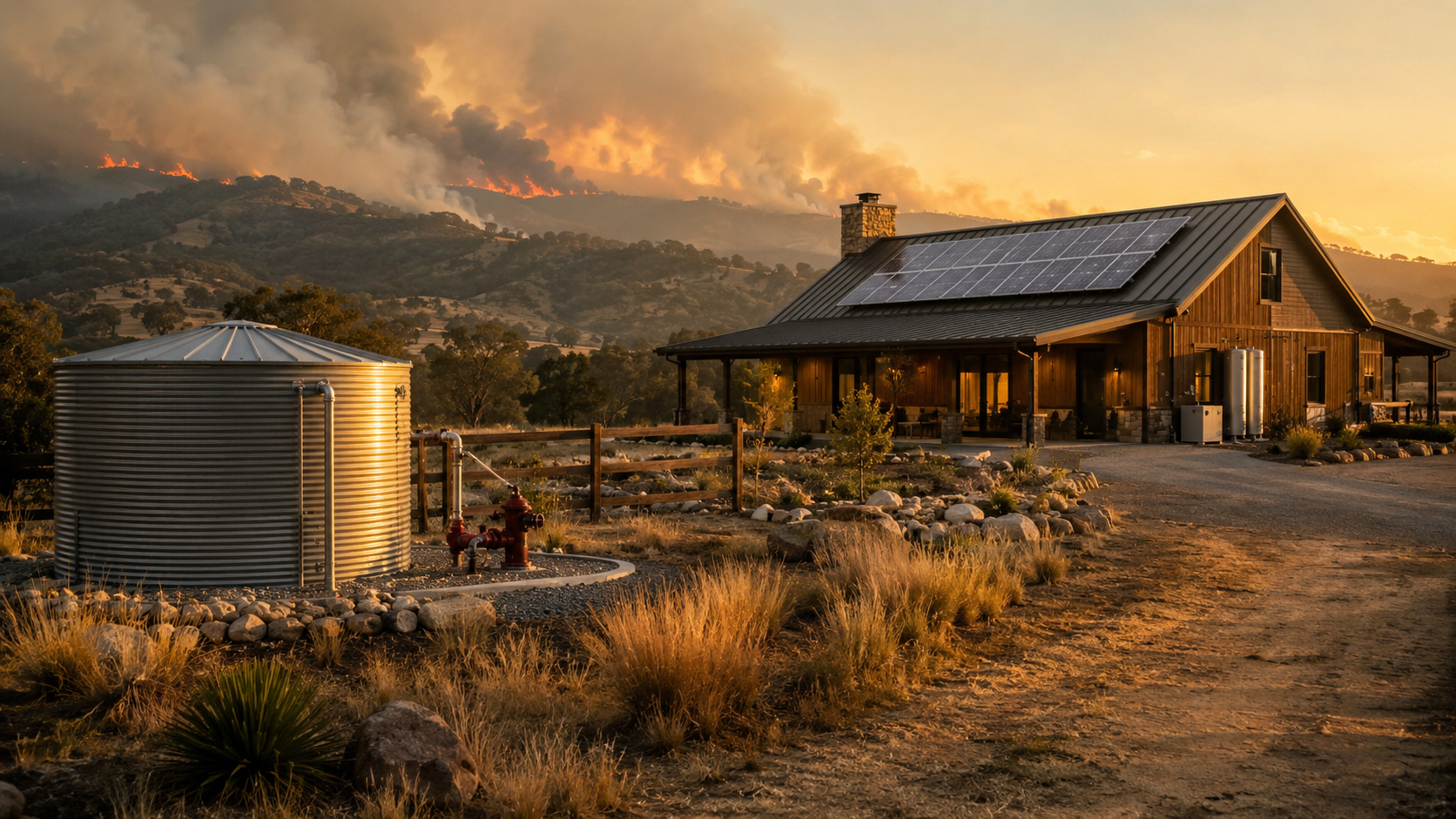 Ranch with solar panels and water tank during wildfire readiness conditions