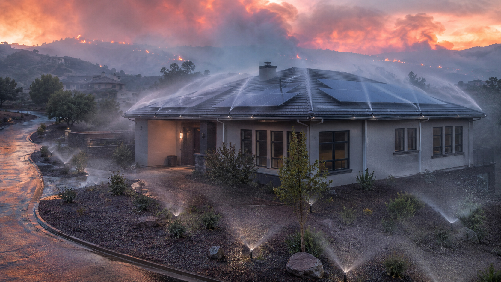 Roof and landscape sprinkler concept during wildfire smoke